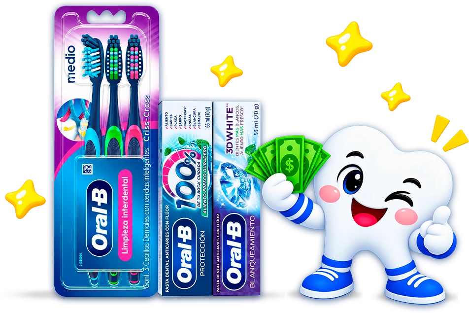 Cepillo Criss Cross, pasta dental Oral-B 100% y pasta dental Oral-B 3D White, junto a la mascota Oral-B con billetes